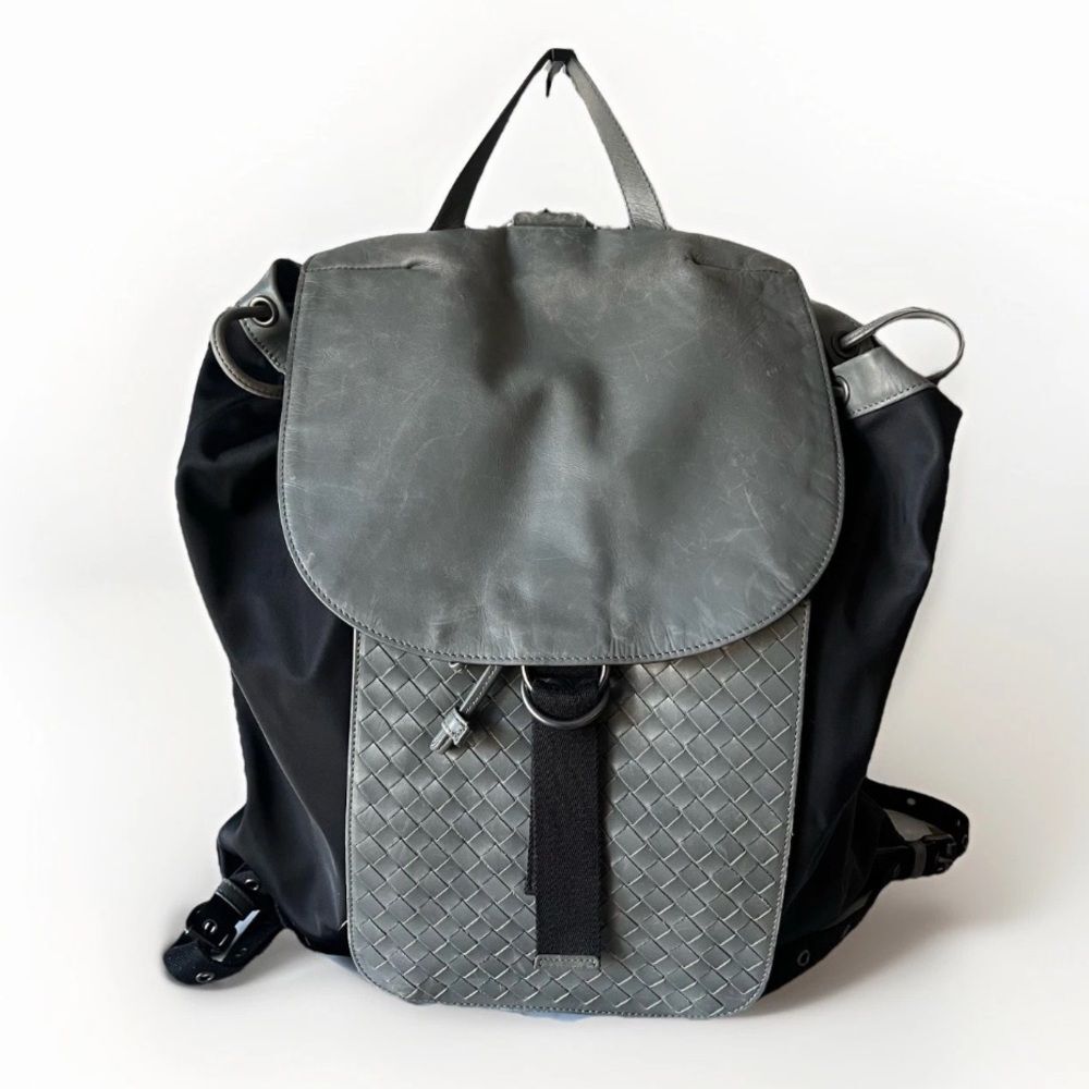 Bottega Veneta Grey Black Intrecciato Leather and Nylon Flap Backpack